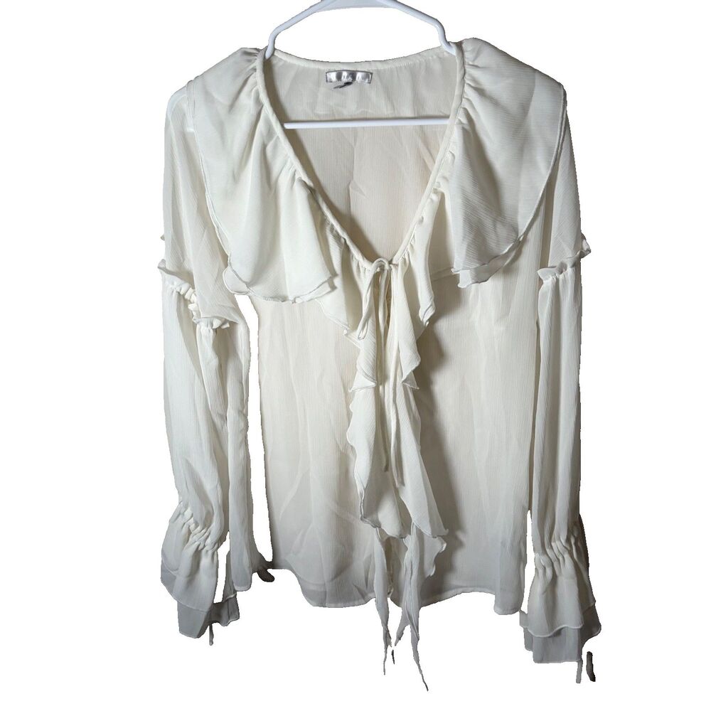 Metro 7 Blouse Women's Small Ivory Ruffle Long Sleeve Lightweight Casual